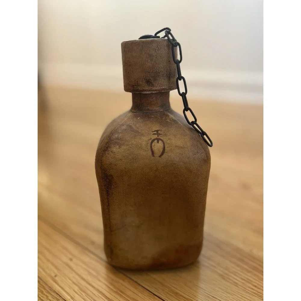 Glass Decanter Bottle Tooled Leather Wrapped with Cap & Chain Vintage